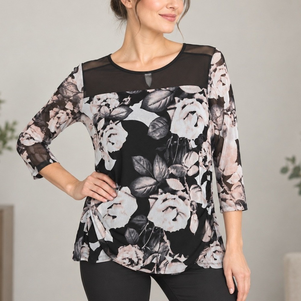 NEW INC Black Floral Blouse Black Floral Mesh Ruched Top 0X Office Wear Evening